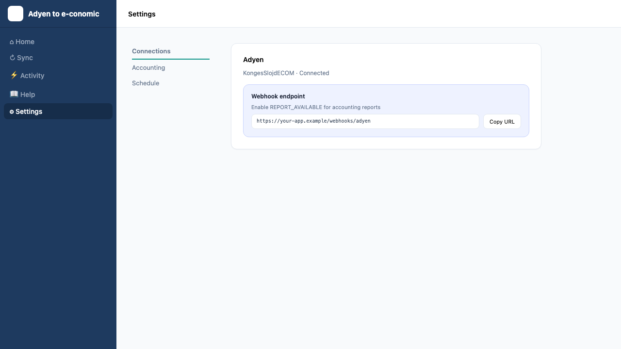 Settings Connections tab with Adyen webhook URL