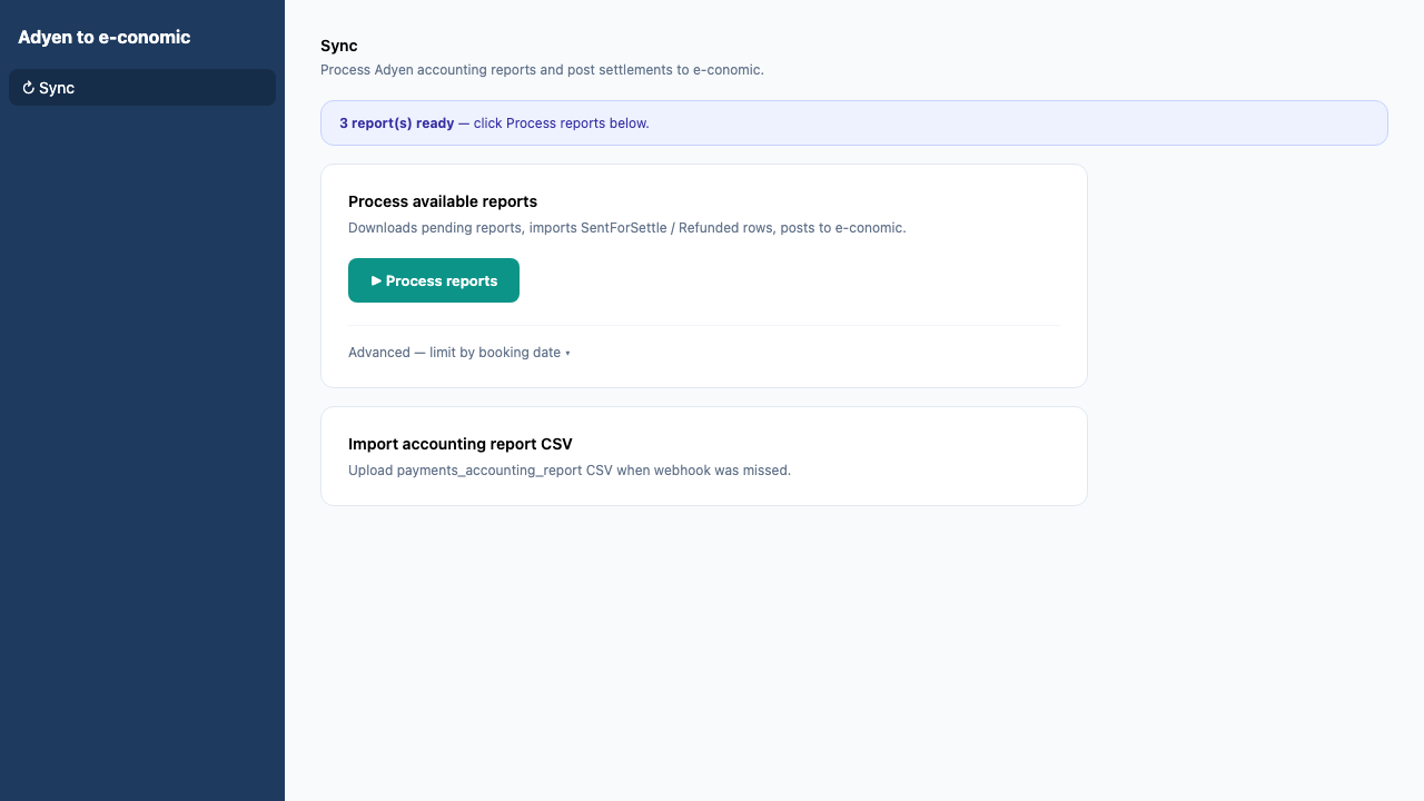 Sync page with Process reports button and CSV import